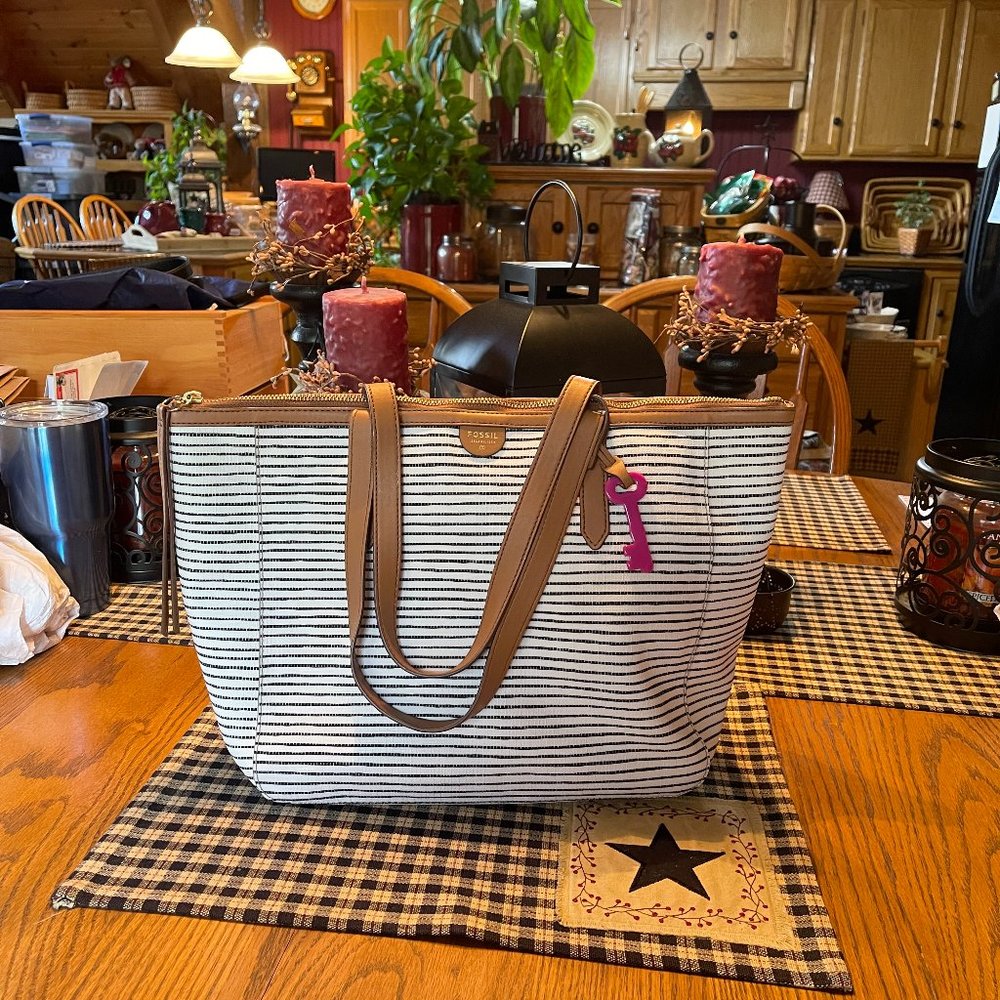 Fossil Coated Canvas Blue & White Striped with Tan Leather Trim Bag